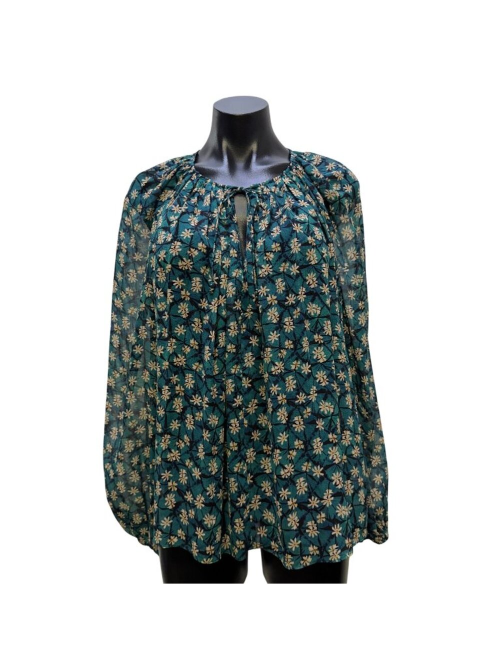 Ulla Johnson Floral Silk Blouse Teal & Cream Print Long Sleeves Size 6